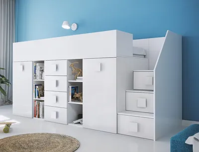Produktbild von Hochbett Etagenbett weiß hochglanz mit Schreibtisch Schrank Regalen und Treppe rechts TELLY 3 weiß-weiß
