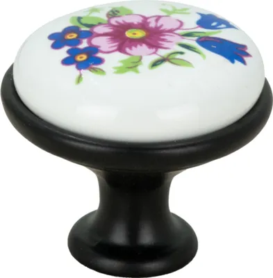 Produktbild von Runde Schwarz Keramik Möbelknopf mit Retro Blumenmuster – Elegante und funktionale Schrankgriff für anspruchsvolle Inneneinrichtungen.