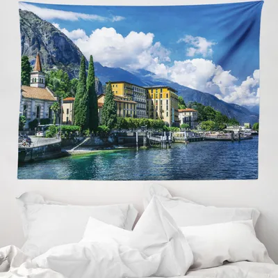 Produktbild von ABAKUHAUS Italien Wandteppich, Landschaft des Comer Sees, aus Weiches Mikrofaser Stoff Waschbar ohne Verblassen Digitaldruck, 150 x 110 cm, Blau und Grün