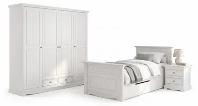 Produktbild von Schlafzimmer-Set Belluno Elegante 4-teilig 90x200cm Massivholz Ausführung wählbar Kiefer weiß lackiert,Kleiderschrank ohne Spiegel