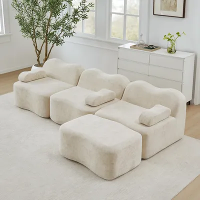 Produktbild von Wellenförmiges Dreisitzer-Modulsofa L-Form, Samt, mit Ottoman, Tiefensitz, 288 x 167 x 70 cm, Beige