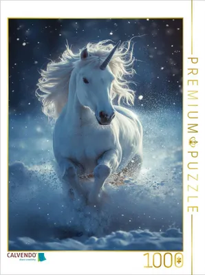 Produktbild von CALVENDO Puzzle Winterspuren: Ein weißes Einhorn im blauen Schneetanz | 1000 Teile Lege-Größe 64x48cm Foto-Puzzle für glückliche Stunden