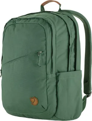 A green backpack with a brown leather handle and logo.