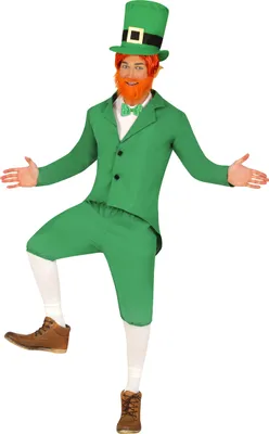 A man dressed in a leprechaun costume, posing with his arms outstretched and one leg raised.