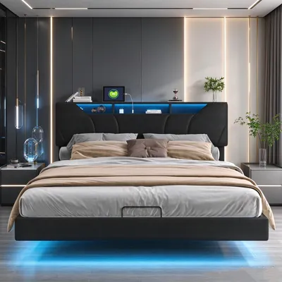 Obrázek produktu pro Postel INONEFT, rozměr 160x200 cm, s nabíjecí stanicí, dětská/dvoulůžková postel s LED osvětlením a úložným prostorem v čele, závěsná postel, materiál: PU, barva: černá