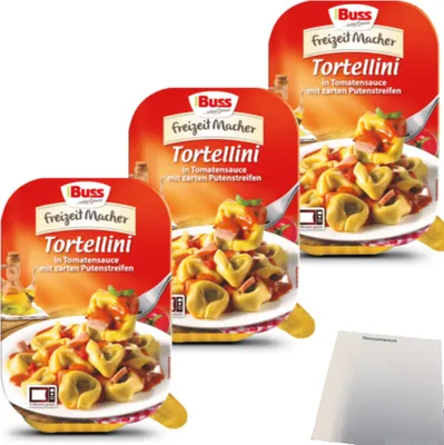 Produktbild von Buss Tortellini in Tomatensauce mit zarten Putenstreifen 3er Pack (3x300g Packung) + usy Block