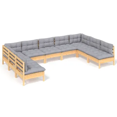 Produktbild von 9-tlg. Garten-Lounge-Set mit Grauen Kissen Kiefer Massivholz