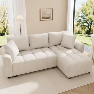 Productafbeelding van Driepersoonsbank, modulaire hoekbank, chenille, 2 sierkussens, voor de woonkamer (beige)