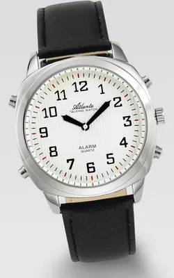 A close-up studio shot of a men's analog watch with a white face and a black leather strap.
