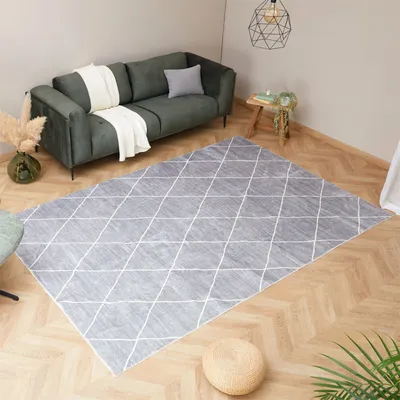 Produktbild von Teppich RHOMB waschbar 200 x 300 Grau, Rautenmuster, weicher Kurzflor, modern, skandinavisch, Mikrofaser, gummierte Unterfläche, schmutz- und wasserabweisend, pflegeleicht