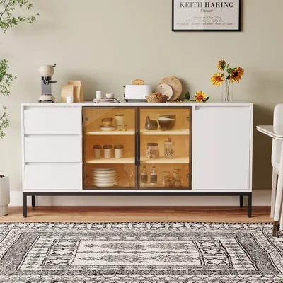 Produktbild von Odikalo Sideboard Vorratsschrank Buffetschrank Stauraum 3 Schubladen Regal Esstisch Weiß