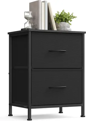 Image de Table de chevet avec 2 tiroirs en tissu - Table d'appoint de style industriel - 39,6 x 30 x 53,2 cm - Noir et marron