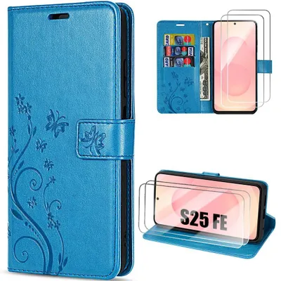 Image de Coque + 2 Verres Trempés pour Samsung Galaxy S25 FE, Protection Cuir Synthétique Bleu Motif Papillon Fleurs