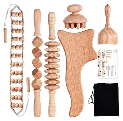 Produktbild von Professioneller Massageroller – Holz-Massagegerät-Set – Lymphdrainage – Linderung von Muskelverspannungen – Anti-Cellulite – 6 Stück
