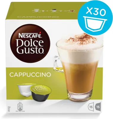 A box of Nescafé Dolce Gusto Cappuccino coffee capsules, with a depiction of a cappuccino and the capsules themselves.