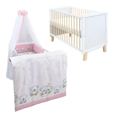Produktbild von Babybett Kinderbett Gitterbett Lou 60x120 Weiß Natur Schutzgitter Matratze Bettwäsche Set 10tlg Teddy Rosa