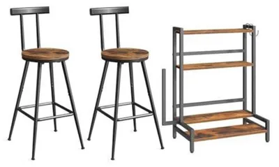 Image de Lot de 2 tabourets de bar et étagère à épices, style vintage, couleur marron et noir