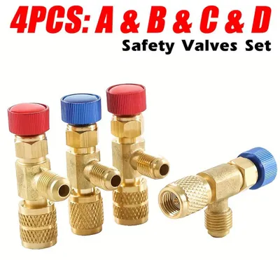 Obrázek produktu pro Bezpečnostní ventil pro chladiva – adaptér SAE, 0,64 cm (1/4) – pro chladiva R410A/R22 – s vnitřním a vnějším závitem – sada 4 adaptérů A, B, C, D