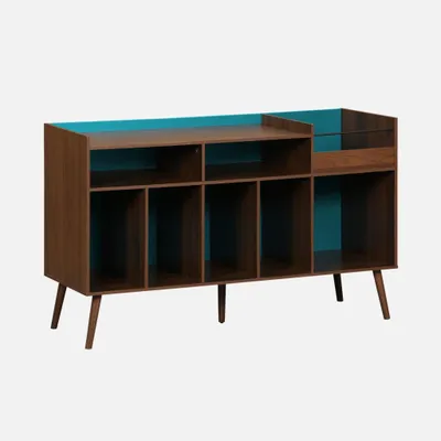 Produktbild von sweeek - Zweifarbiger Vintage XL Schallplattenschrank mit Holzdekor und farbigem Hintergrund 130cm - Blau