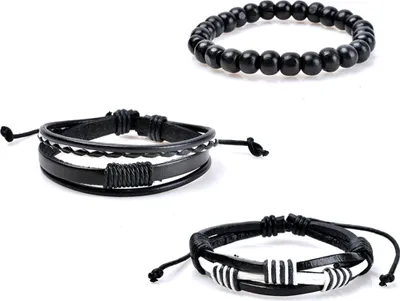 Produktbild von 3 Stück Retro geflochtene Holzperlen Kunstleder Armbänder Armreifen Schmuck für Männer-Schwarz