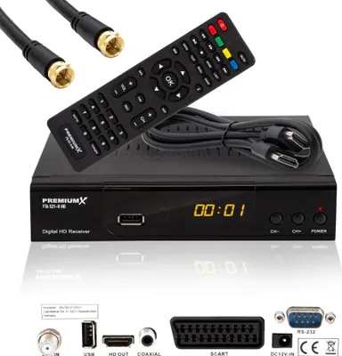 Produktbild von PremiumX HD 521 B FTA Digital SAT Receiver DVB-S2 HDMI SCART Antennenkabel