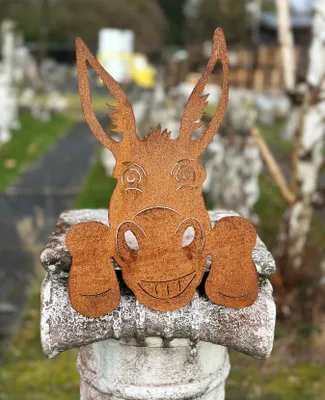 Produktbild von Gartenfigur Lustiger Esel Kopf 33x23cm für Kante zum Anschrauben Edelrost Gartendeko Wetterfest Rost Metall Rostfigur Figur Tier Tierkopf Baumstecker