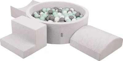 Produktbild von KiddyMoon spielplatz aus schaumstoff mit rund bällebad (300 bälle) ballgruben für babys spielbad hindernisläufen, hergestellt in der eu, hellgrau:weiß/grau/minze