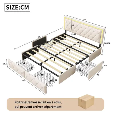 Productafbeelding van Gestoffeerd bedframe van Polyurethanleer - 140 x 200 cm - LED-hoofdeinde - Bedladen - Lattenbodem - Zonder matras - Beige