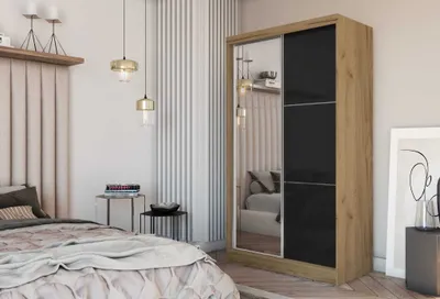 Produktbild von AGMAT Schwebetürenschrank Viva, Kleiderschrank mit 2 Türen und Spiegel, Moderne Garderobe in Farbe: Artisan / Schwarz, Schrank in Größe: 120 x 216 x 61 cm