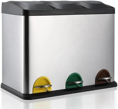 Image de Poubelle - 3 bacs de 8 litres - En acier inoxydable - Avec pédale - Pour le tri des déchets dans la cuisine