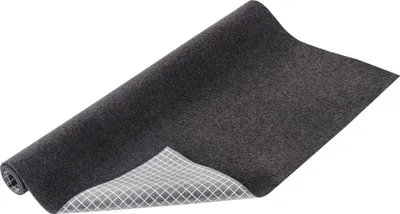 A roll of dark gray felt fabric with a white grid-like backing is shown, partially unrolled.