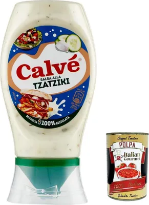 Produktbild von 6x Calvé Tzaziki-Sauce, Sauce auf Gurken- und Knoblauchbasis, glutenfrei, vegan, 250 ml + Italian gourmet polpa 400g