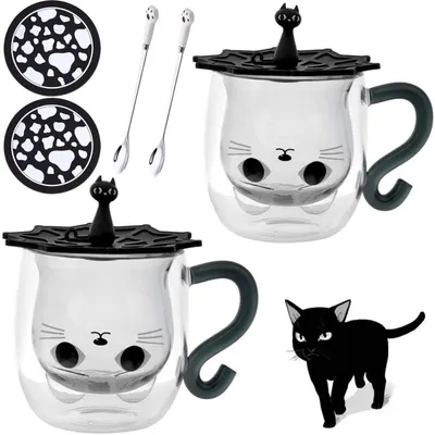 Produktbild von 2er Set Doppelwandige Katzen Tassen Schwarz mit Henkel und Löffel
