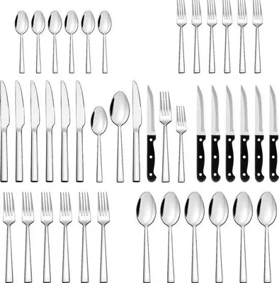 Image de Ensemble de couverts Unyqoos® de 36 pièces pour 6 personnes, en acier inoxydable 18/0, comprenant 6 couteaux à steak, lavable au lave-vaisselle, résistant à la corrosion, couleur argent