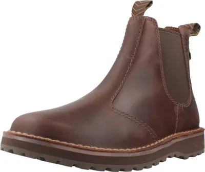 A single brown leather Chelsea boot shown from a side-diagonal angle against a white background.