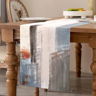 Immagine prodotto di Centrotavola primaverile, arancione e grigio, in lino, 40x140 cm, motivo astratto