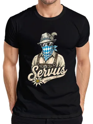 Productafbeelding van Servus, traditionele lederhosen, klederdracht, Wiesn, , dirndl, volksfest, heren T-shirt, zwart, maat S