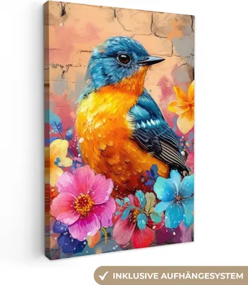 Produktbild von MuchoWow® - Leinwandbilder - Graffiti - Vogel - Blumen - Straßenkunst, Wandbild, Wanddeko Bilder Wohnzimmer, 20x30cm
