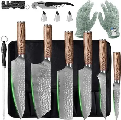 Produktbild von 13-teiliges japanisches Kochmesserset aus hochwertigem Edelstahl mit Rolltasche