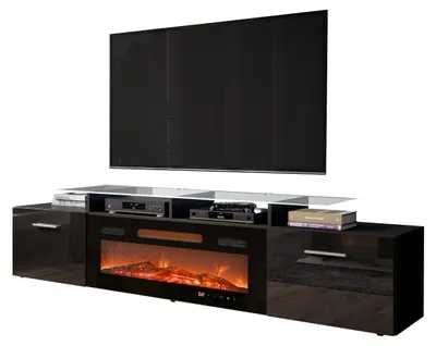 Produktbild von MIRJAN24 TV-Lowboard Rova mit Elektrischem Kamin, Stilvoll TV Schrank (Farbe: Schwarz Matt / Schwarz Hochglanz, mit weißer LED Beleuchtung)