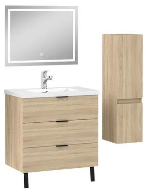 Image de Acezanble Meuble Salle de Bain Chêne Mat 79cm - 3 Tiroirs et Vasque, miroir led, colonne 110cm, MDF
