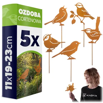 Obrázok produktu pre KADAX Záhradné ozdoby v tvare vtákov z cortenovej ocele, sada 5 ks, kovová záhradná dekorácia v rustikálnom štýle, rustikálne ozdoby do záhrady, dekorácia do záhrady z patinovaného kovu na zapichnutie, ozdoby do kvetináčov