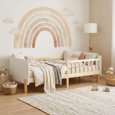 Produktbild von Homestyle4u Kinderbett 90x200 mit Rausfallschutz Holzbett Weiß Lattenrost Kiefer Massivholz