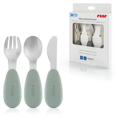 Image de Set de couverts en silicone et acier inoxydable reer, 3 pièces, pour bébés, design ergonomique, adapté au contact alimentaire, vert/argent