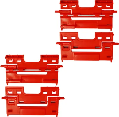 Four red plastic connectors for toolboxes are arranged in two stacks on a white background.