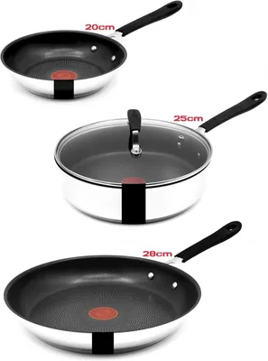 Three Tefal pans of different sizes are stacked vertically against a white background.