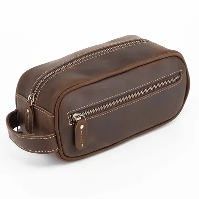 Produktbild von Kulturbeutel, Vintage Handmade Cowhide Leder Wash Bag, Herren-Kupplungstasche, Premium-Toilettenbeutel aus Leder für die Reise, 23x11x10cm