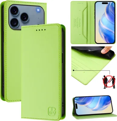 Produktbild von Lederhülle für iPhone 17 Pro Hülle Flip Brieftasche Kartenfächern Ständer Schutzhülle Grün