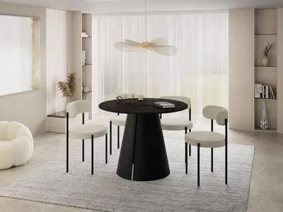 Produktbild von Esstisch Rund Ausziehbar im Loft-Stil – 120 bis 200 cm – Industrieller Platzsparender Tisch mit Schwarzen Konischem Metallbeinen für 6 bis 10 Personen, Esszimmer – Marmor Schwarz