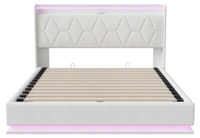 Produktbild von Bett 140x200 cm - Polsterbettgestell - Hydraulischer Bettkasten mit Stauraum - USB-Ladeanschluss - LED-Beleuchtung im Kopfteil - Samtstoff - Weiß